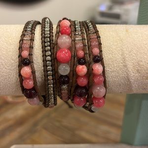 Boho wrap brown bracelet with mauve, pink and white beads